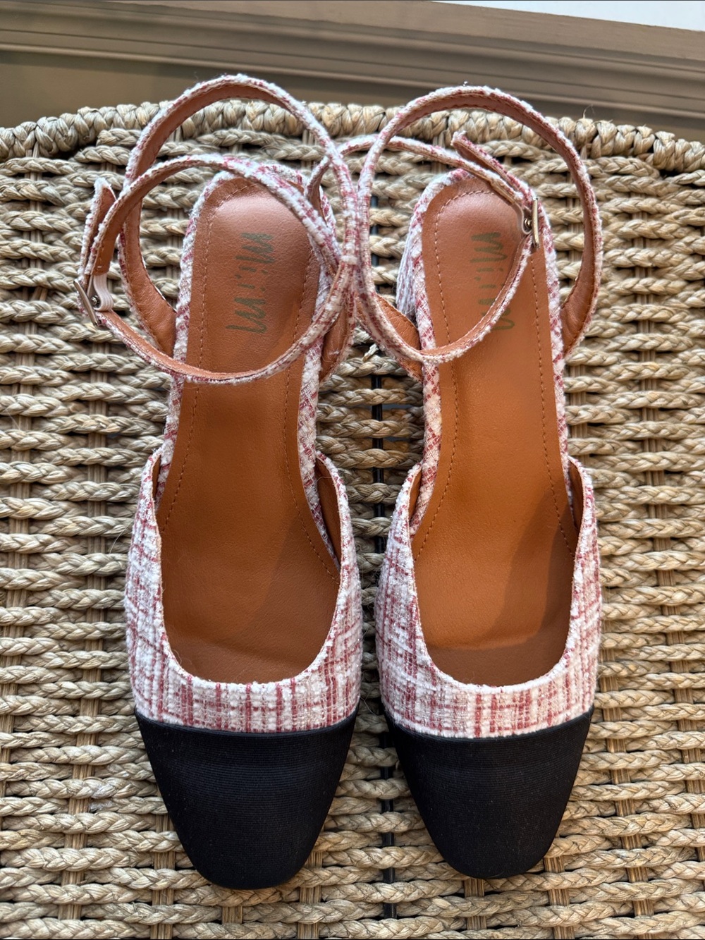 Womens Pink Tweed Slingback Flats with Black Cap Toe